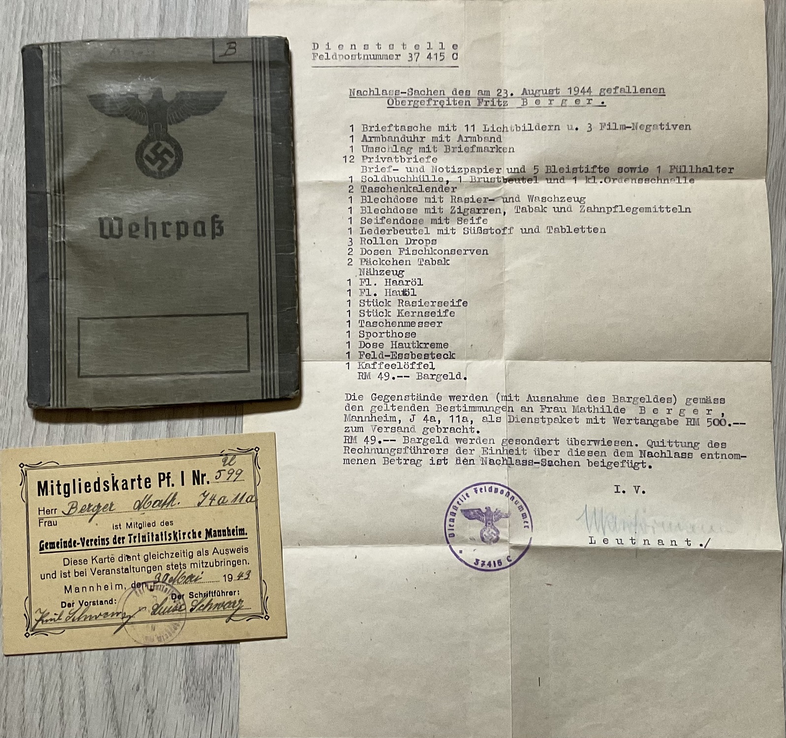Wehrpass Obergefreiter Artillerie-Regiment 342.Infanterie-Division Russia KIA 1944 Poland
