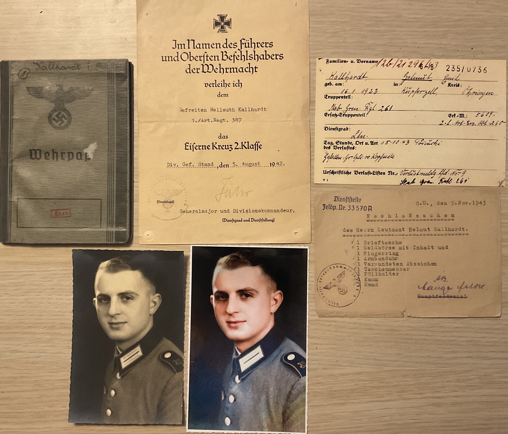 Wehrpass and EK2 Oberleutnant 387.ID 113.ID KIA Russia 1943