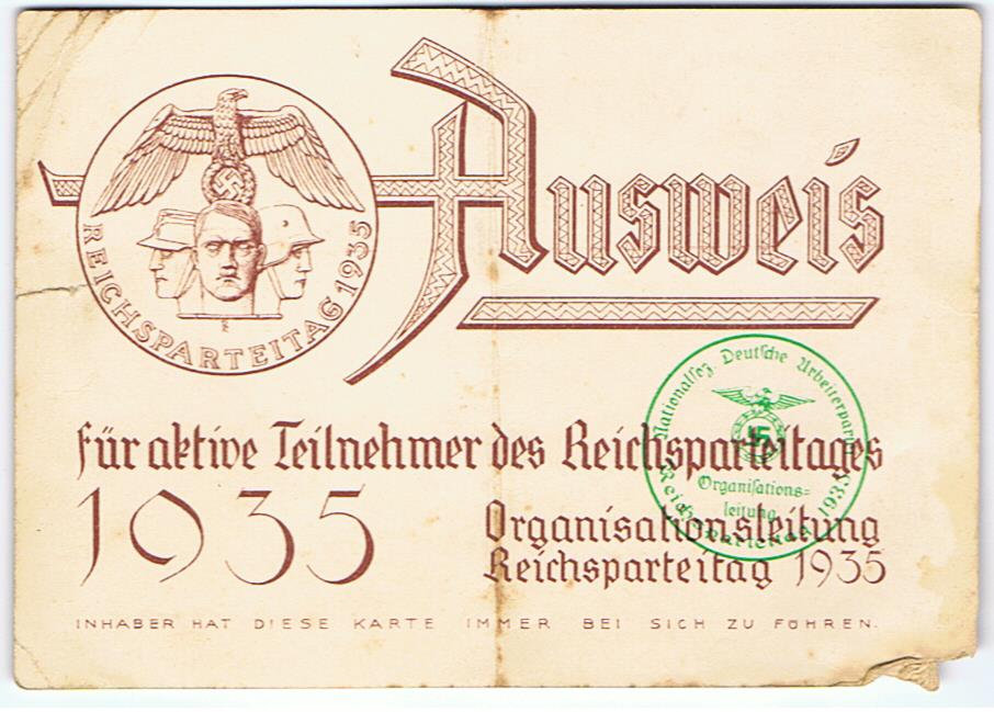 Reichsparteitag ID card 1935 for RAD member