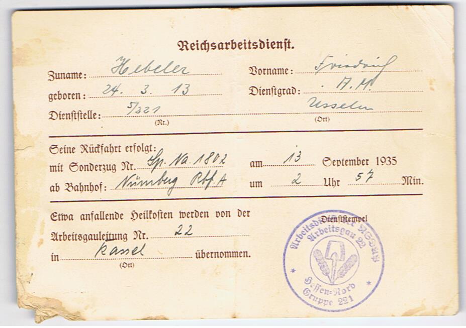 Reichsparteitag ID card 1935 for RAD member - Image 2