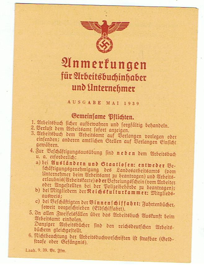 Leaflet Anmeldungen für Arbeitsbuchinhaber 1939