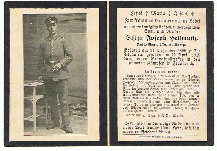 Obituary card Schütze 1918 France hit by grenade